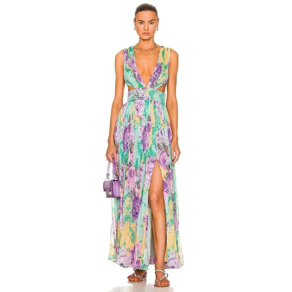 Rococo Sand Floral Cutout Pleated Maxi Dress Pastel Purple Green XXL Slit
